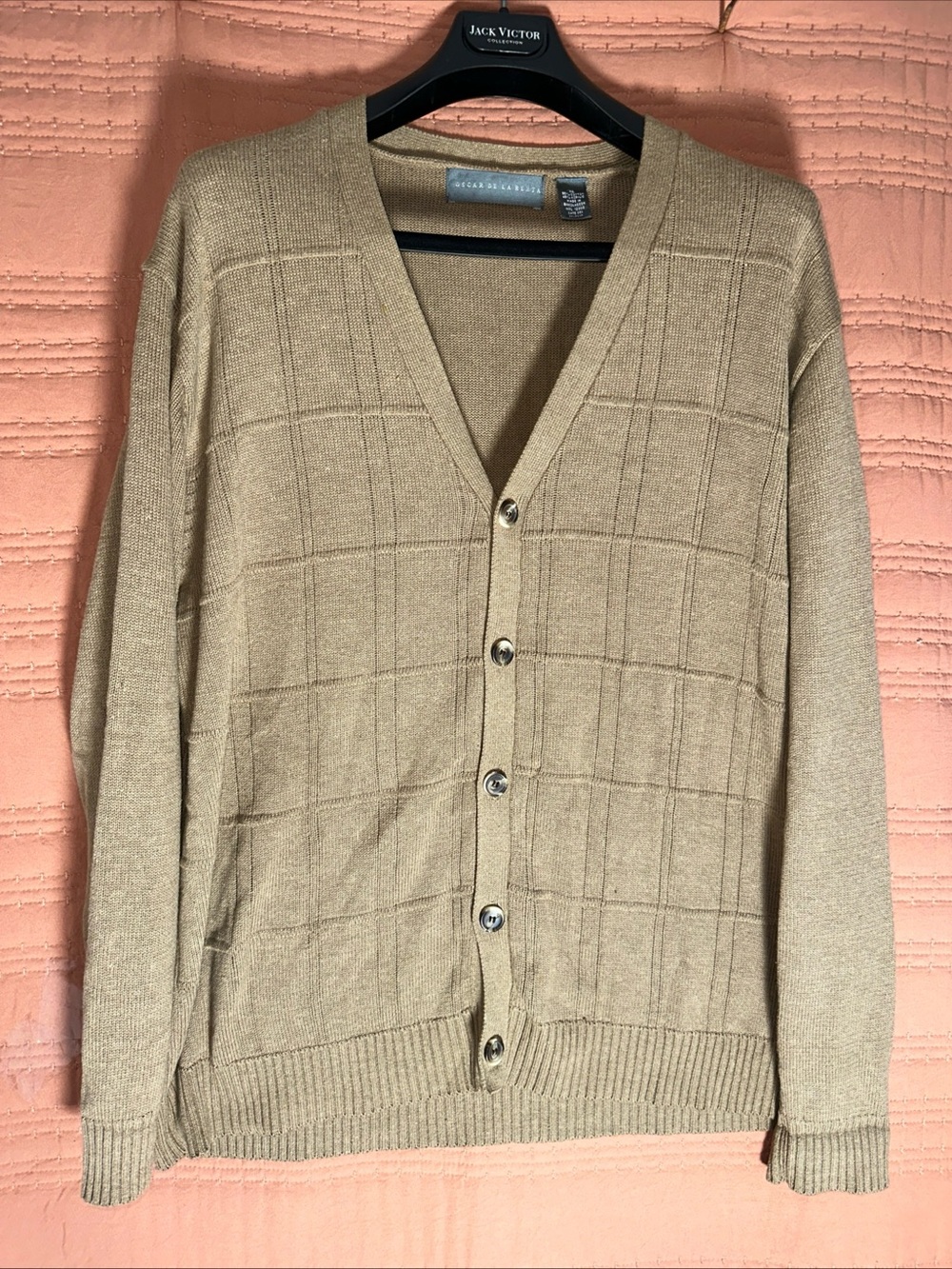 Oscar de la Renta Tan Grid-Pattern V-Neck Cardigan